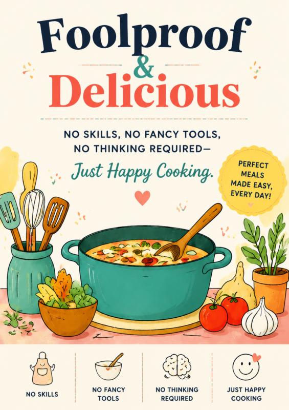 Foolproof & Delicious: No Skills, No Fancy Tools, No Thinking Required – Just Happy Cooking.